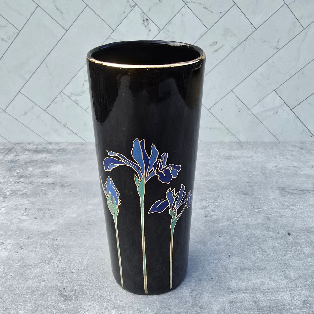 Vintage Otagiri Japan Blue Iris Ceramic Vase Black Gold Rim Floral Decorative